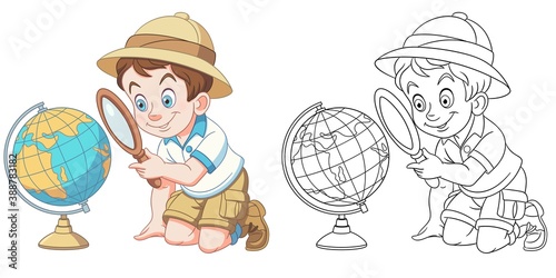 Coloring page with boy studying earth globe. Line art drawing for kids activity coloring book. Colorful clip art. Vector illustration.