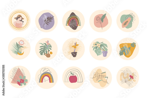 Set of instagram stories highlights icons with boho tropical house plants and home decor objects. Flat vector illustration.
