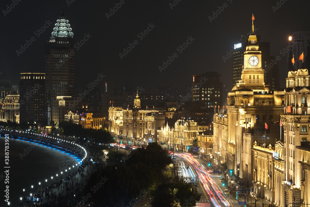 high angle view of the Bund in Shanghai China at night