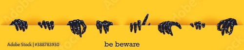 Be beware. Funny poster template for Halloween. Many scaring hands crawl out of the gap. Vector graphics design