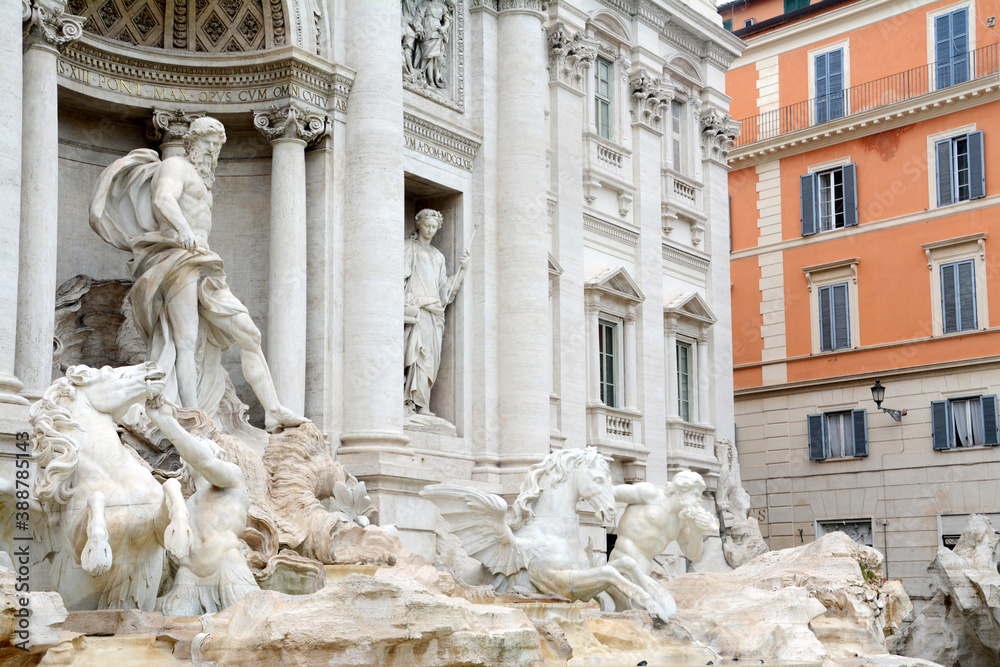 The Trevi Fountain is the largest and most famous fountain in Rome. Beautiful details of the horses led by Oceano.