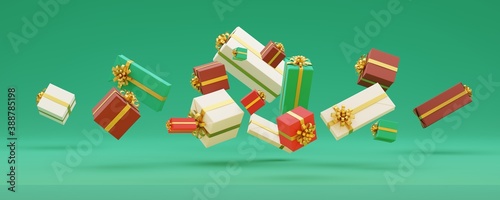green background panoramic view with 
floating in the air red green golden gifts, copy space, many gifts floating in the air, 
christmas gift card
