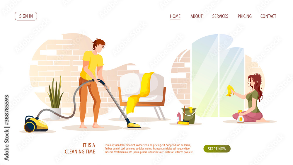 Man vacuuming floor and woman washing windows. Housework, cleaning home, tidy, sweep-up concept. Vector illustration for poster, banner, advertising. Man vacuuming floor and woman washing windows. Housework, cleaning home, tidy, sweep-up concept. Vector illustration for poster, banner, advertising.