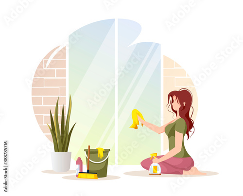 Young woman washing windows. Housework, cleaning home, tidy, sweep-up concept. Isolated vector illustration for poster, banner, advertising.