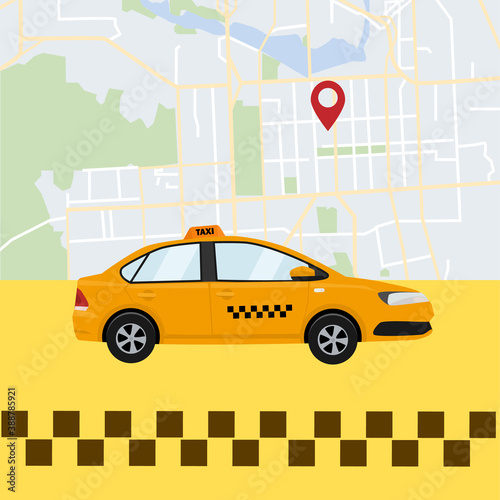 Fototapeta Naklejka Na Ścianę i Meble -  Taxi call service. Taxi car on the background of a city map with an address label. Vector illustration