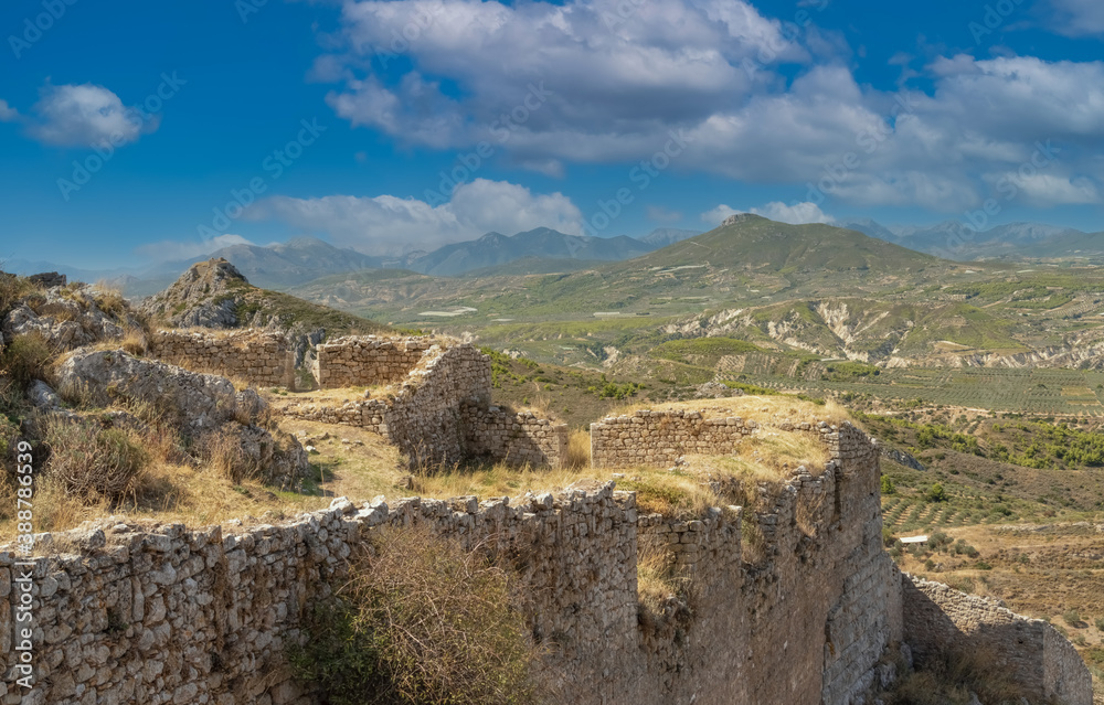 Fascinating ruins of the .Acrocorinth (Upper Corinth), the acropolis of ancient Corinth, overseeing the ancient city of Corinth