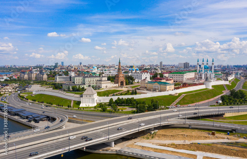 Old town, historical center with Kazan Kremlin and Suyumbike Tower, Panoramic view of the city on a sunny summer day. Russian Federation.