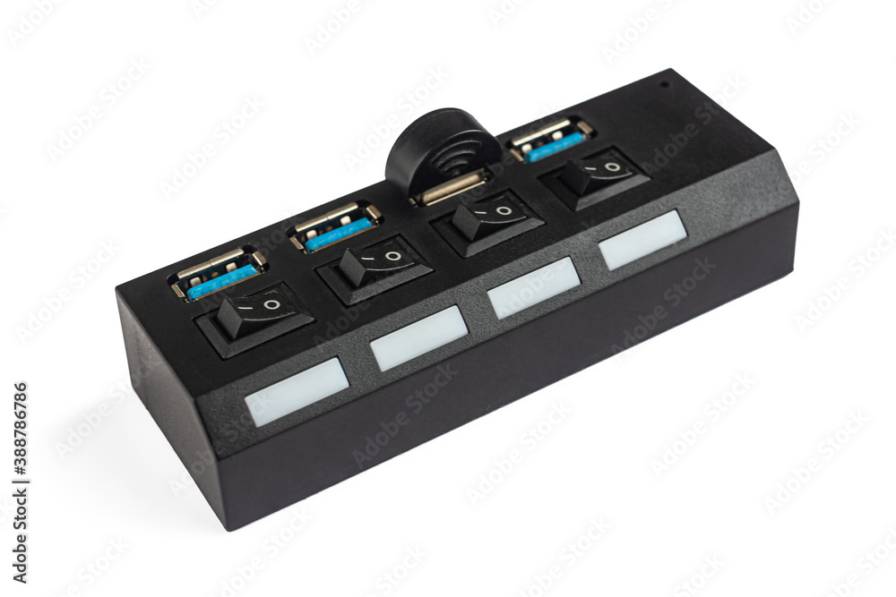 USB 3.0 hub with four connectors and inserted flash drive, on a white background USB 3.0 hub with four connectors and inserted flash drive, on a white background