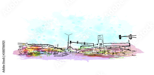Building view with landmark of Carolina is a municipality located on the northeast coast of Puerto Rico. Watercolor splash with hand drawn sketch illustration in vector.