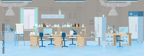 Vector Chemical Laboratory Interior With Equipment. Workplace With Flasks, Reagents, Microscope, Computer etc. Flat Illustration.
