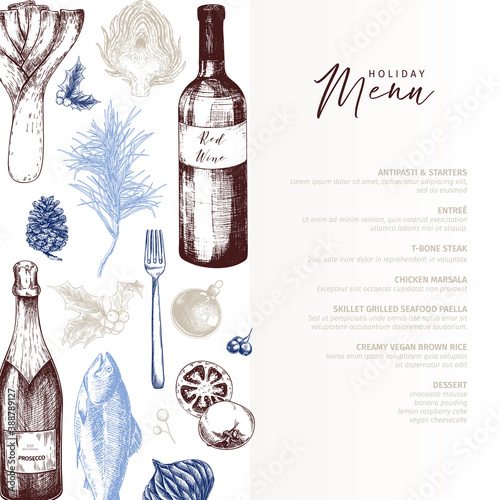 Vector menu template. Hand drawn detailed Christmas decorations, wine, seafood, meat, fruits and vegetables. Modern trendy design. For holiady menu, restaurant, shop promotion, brand merchandising