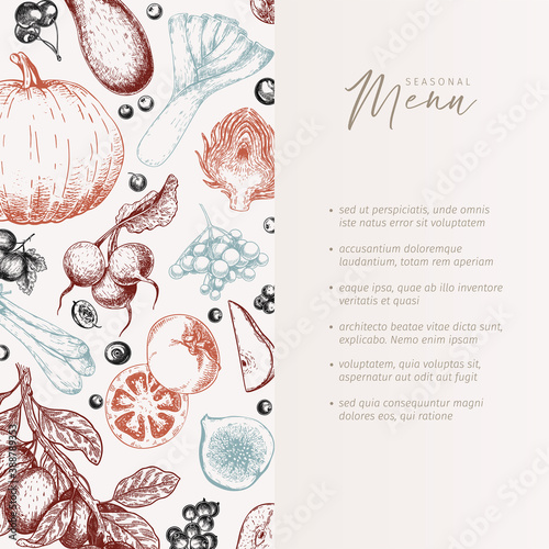 Hand drawn vegetables and fruits. Vector pupkin, pear,apple, artichoke, plum, grape, tomato, onion, cheery, gooseberry blackberry Engraved illustration Menu template, flyer, restaurant design.