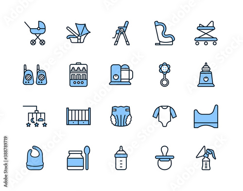 Baby items flat line icons set blue color. Vector illustration necessary things for the baby and parents. Editable strokes.