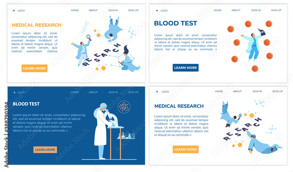 Vector Set Of Medical Research And Blood Test Web Page Templates. Doctors And Scientists Illustration.