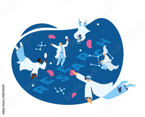 Science Or Medical Research Concept. Doctors Or Scientists In Free Fall With Loupes, Microscope, Tablet, VR Glasses Flying Among Molecules And Cells. Vector Illustration.