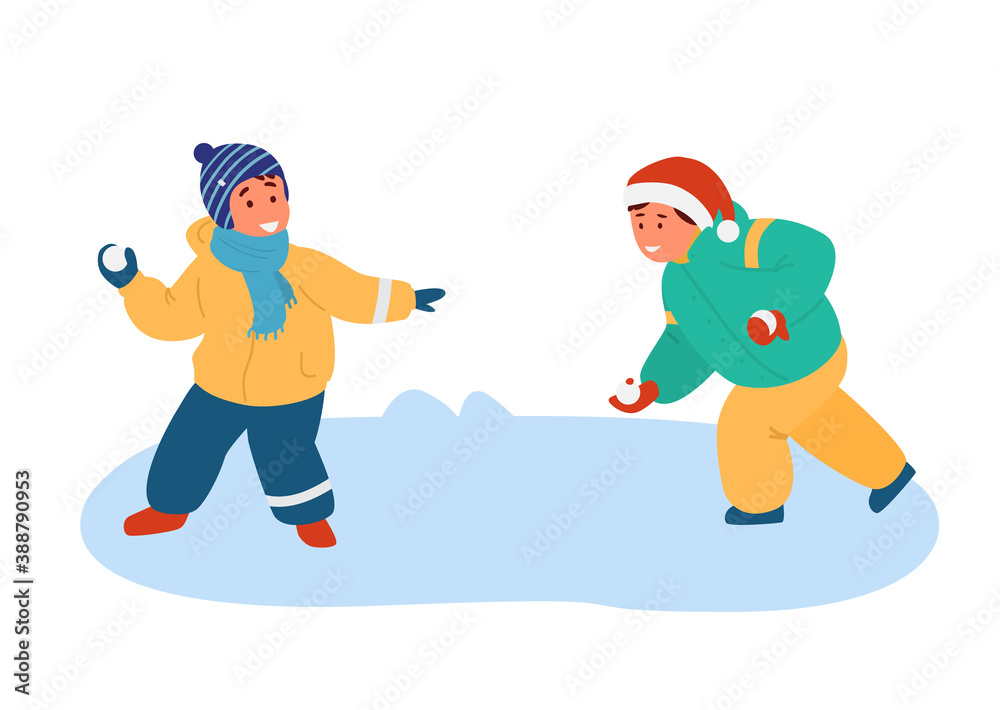 Two Smiling Boys Playing Snowball Fight Outdoors. Flat Vector Illustration. Isolated On White. Two Smiling Boys Playing Snowball Fight Outdoors. Flat Vector Illustration. Isolated On White.