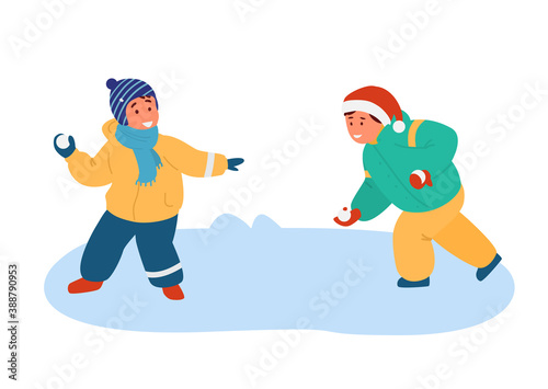 Two Smiling Boys Playing Snowball Fight Outdoors. Flat Vector Illustration. Isolated On White.