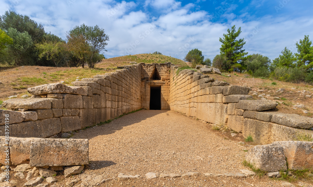 Imposing ruins of the tomb of Agamennon in Mycenae, an archaeological site near Mykines in Argolis, north-eastern Peloponnese, Greece.