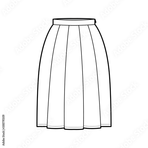 Skirt box pleat technical fashion illustration with below-the-knee silhouette, thin waistband, side zipper. Flat bottom template front, white color style. Women, men, unisex CAD mockup