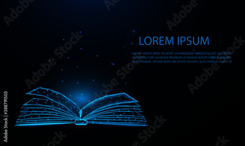 glowing blue open book. Low polygon, particle, and triangle style design.Wireframe light connection structure.