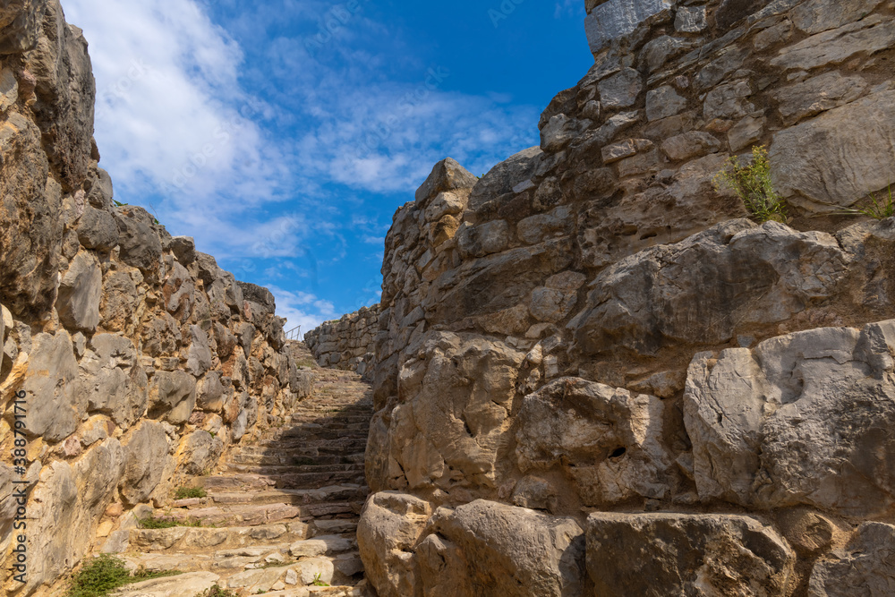 Ruins of the Tiryns hill fort with occupation ranging back seven thousand years, from before the beginning of the Bronze Age. Argolis, Peloponnese,Greece