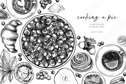 Hand drawn sweet pastry. Vector bakery, flour, eggs, apple, pear, orange, lemon, blueberry, berries, cinnamon, spices Cooking a pie Engraved illustration Menu package food banner design.