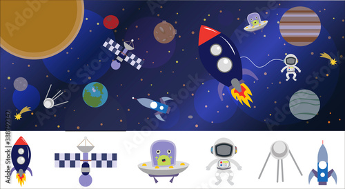 Fototapeta Naklejka Na Ścianę i Meble -  Cartoon space illustration with a rocket, astronaut, planets and aliens. Bright cute, children s vector drawing about spaceships, flying saucers and shuttles. Space with Saturn, Jupiter and stars
