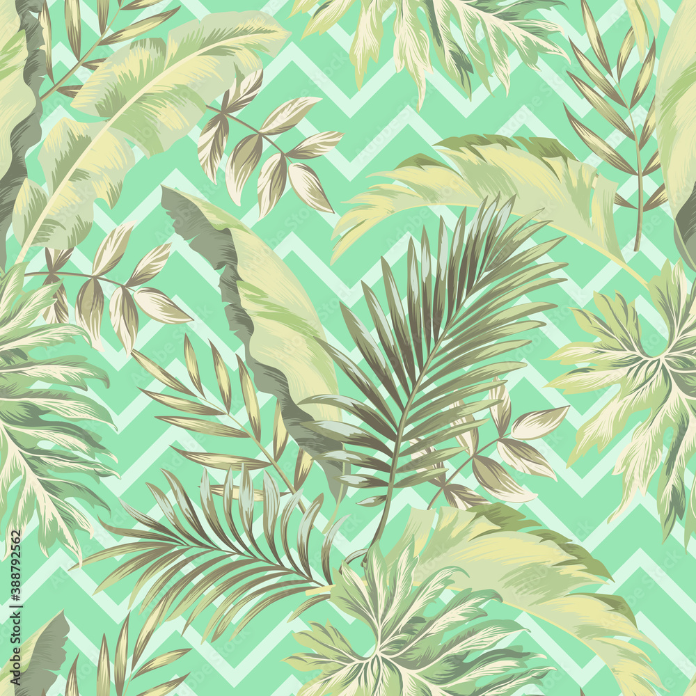 Obraz premium Tropical vector pattern with hibiscus, orchid, palm leaves.Exotic style. Seamless botanical print for textile, print, fabric on dark background
