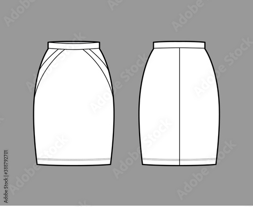 Skirt sheath technical fashion illustration with straight above-the-knee silhouette, pencil fullness, thin waistband. Flat bottom template front, back, white color style. Women, men, unisex CAD mockup