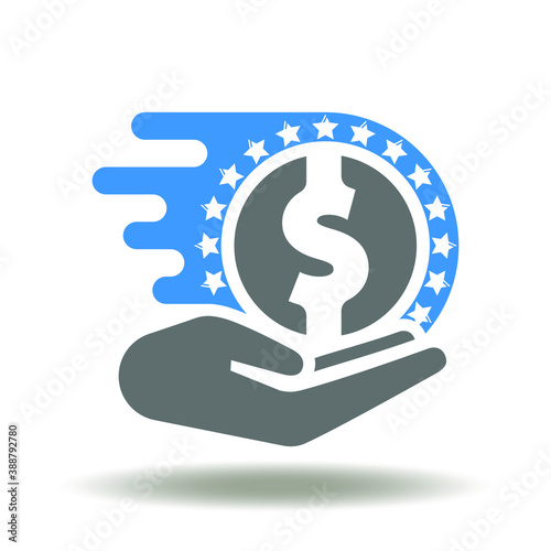 Hand give flying dollar coin icon vector. Microcredit symbol. Quick Microloan Sign.