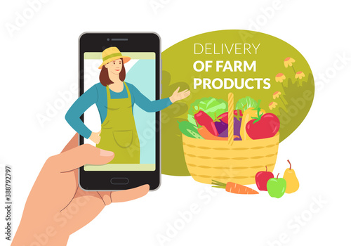 Delivery of organic farm products. Farm vegetables and fruits. Vector flat trend illustration on white background.