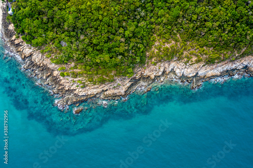 Tropical rock coast with turquoise ocean in paradise island. Aerial view. 