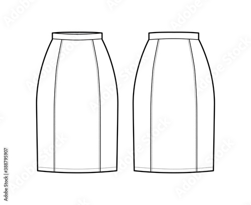 Skirt six gore pencil fullness technical fashion illustration with below-the-knee silhouette, thin waistband. Flat bottom template front, back, white color style. Women, men, unisex CAD mockup