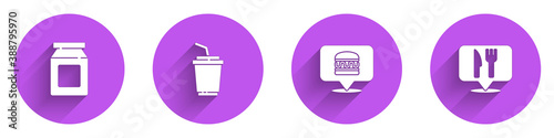 Set Online ordering and delivery, Paper glass with water, burger and Cafe restaurant location icon with long shadow. Vector.