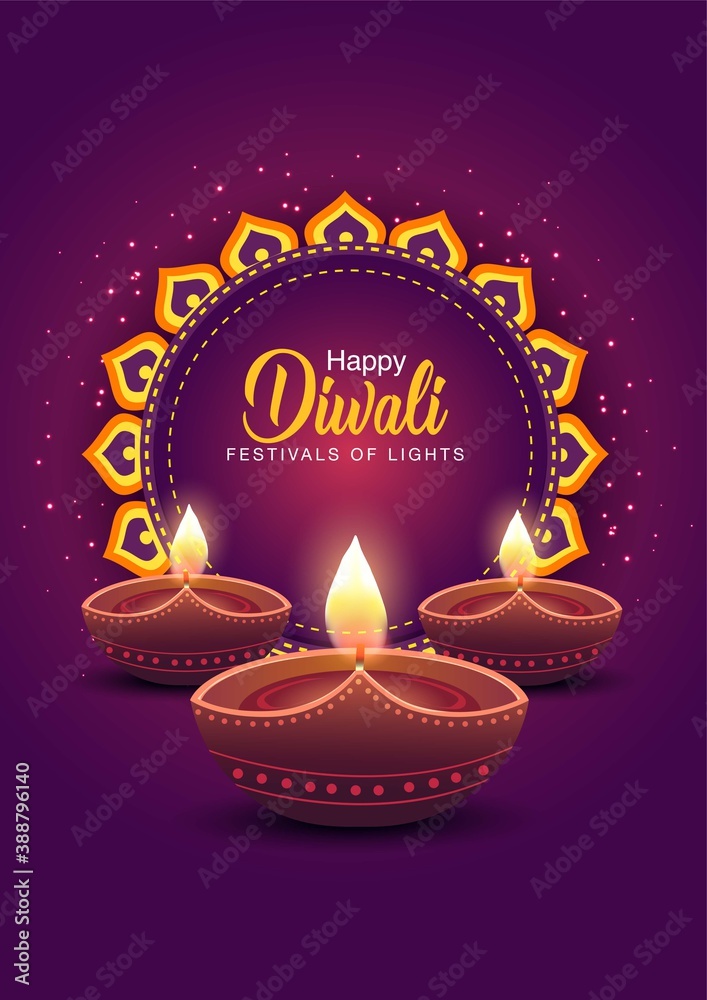  Happy Diwali celebration background. front view of banner design decorated with illuminated oil lamps on patterned stylish background. vector illustration