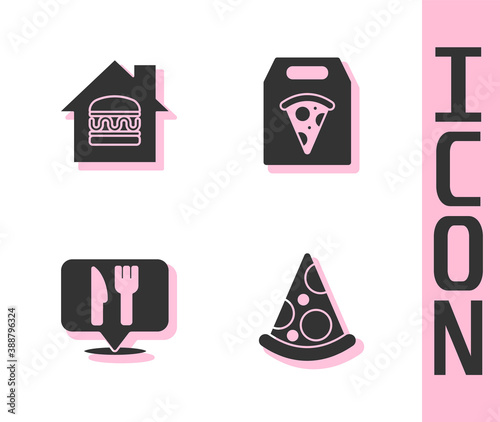 Set Slice of pizza, Online ordering and delivery, Cafe restaurant location and icon. Vector.