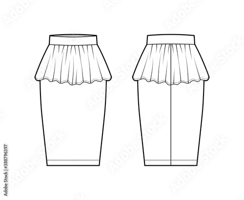 Skirt sheath technical fashion illustration with straight knee silhouette, pencil fullness, thin waistband. Flat bottom template front, back, white color style. Women, men, unisex CAD mockup
