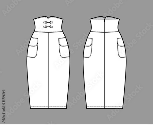 Skirt high waisted sheath technical fashion illustration with straight knee silhouette, pencil fullness, side pockets. Flat bottom template front, back white color style. Women, men, unisex CAD mockup