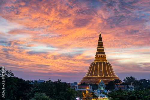 Phra Pathom Chedi with beautiful sunset in Nakhon Pathom, Thailand. Phra Pathommachedi is the tallest stupa in Thailand.