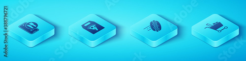 Set Isometric Online ordering and delivery, pizza, Shopping cart food and hotdog icon. Vector.