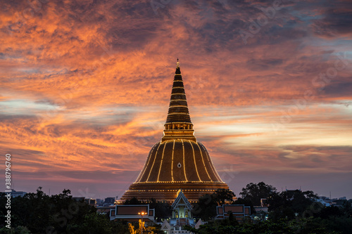 Phra Pathom Chedi with beautiful sunset in Nakhon Pathom, Thailand. Phra Pathommachedi is the tallest stupa in Thailand.