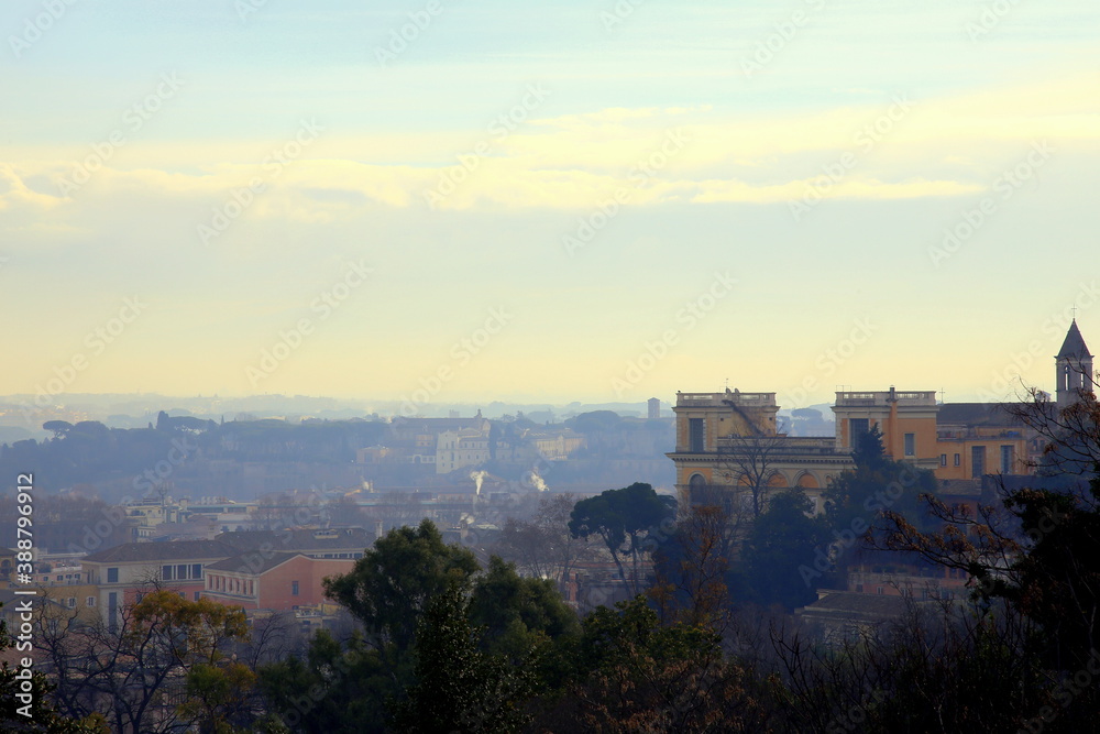 Roma's misty panorama from the Gianicolo hilll, Rome, Italy