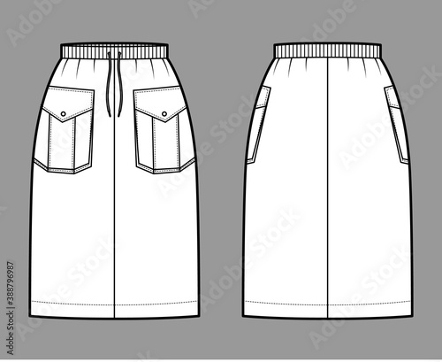 Skirt cargo technical fashion illustration with knee length, pockets with flap, stretch drawstring waistband. Flat bottom template front, back, white color style. Women, men, unisex CAD mockup