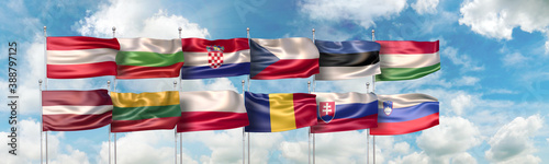 3D Illustration with national flags of the twelve countries which are full member states of the Three Seas Initiative (3SI, TSI, I3M), also known as the Baltic, Adriatic, Black Sea Initiative (BABS) 