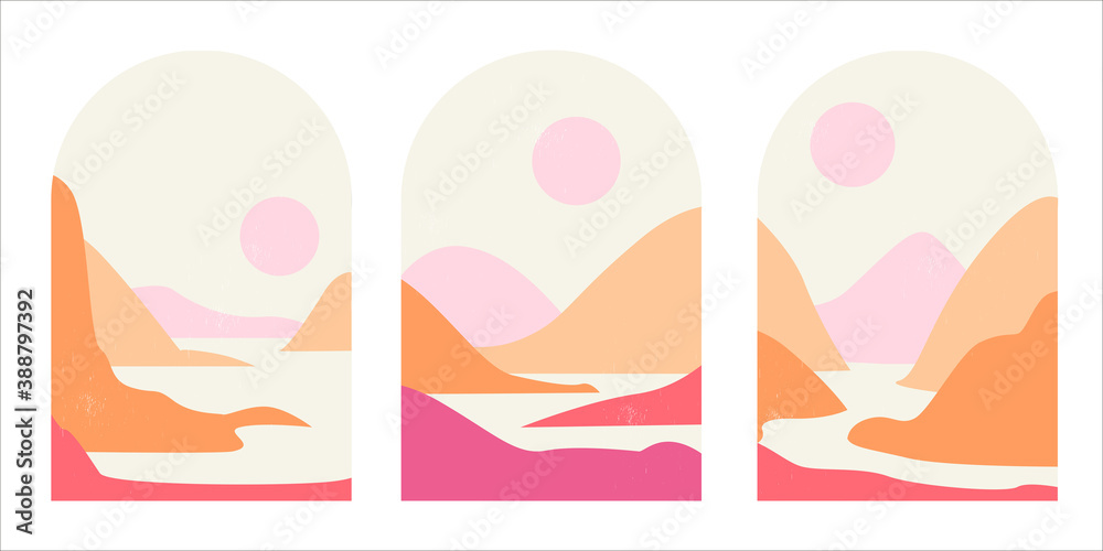 Set of abstract mountain landscapes in arches in an aesthetic trending mid-century minimalist style in soft pinks and sands. Landscape with mountains, river, sun and moon in boho style.