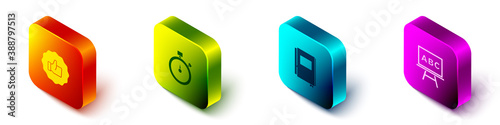Set Isometric Hand thumb up, Stopwatch, Book and Chalkboard icon. Vector.