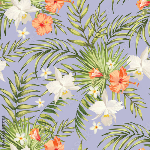 Tropical vector seamless background. Jungle pattern with exitic flowers, and palm leaves. Stock vector. Jungle vector vintage wallpaper