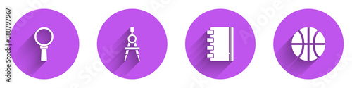 Set Magnifying glass, Drawing compass, Spiral notebook and Basketball ball icon with long shadow. Vector.