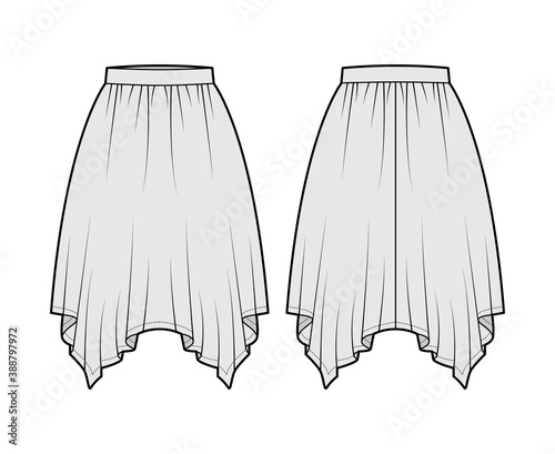 Skirt handkerchief technical fashion illustration with circular knee silhouette, pencil fullness, thin waistband. Flat bottom template front, back, grey color style. Women, men, unisex CAD mockup