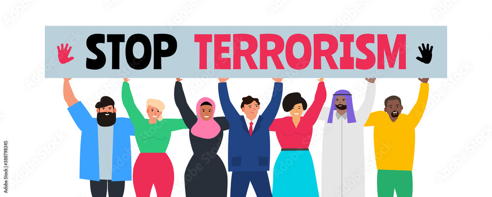 stop terrorism group of multicultural multiracial people holding banner ...